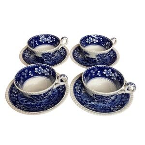Spode England Blue Tower Tea cup‎ and Saucer Sets (4) Cottagecore Classic Luxury
